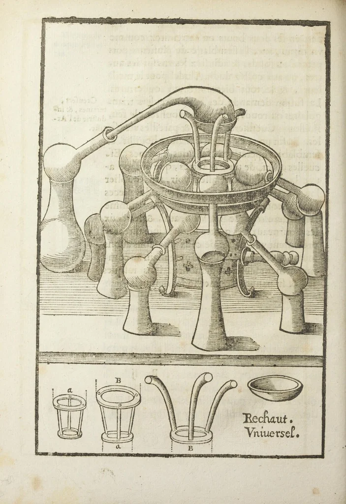 An illustration from Le vray et methodique cours de la physique resolutive, vulgairements dite chymie representé par figures generales & particulieres pour connoistre la theotechnie ergocosmique, c'est a dire, l'art de Dieu en l'ouvrage de l'univers. Seconde édition, avec l'indice des matieres de ce volume, & quelques additions. Par Annibal Barlet, 1657, leaf 149