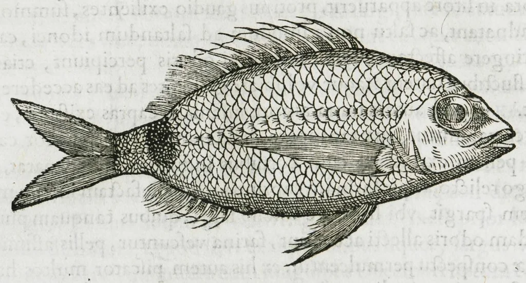 An illustration from Libri de piscibus marinis, in quibus verae piscium effigies expressae sunt. Quæ in ntota piscium historia contineantur, indicat elenchus pagina nona et decima. Postremo accesserunt indices necessarii. Gulielmi Rondeletti, Doctoris medici et medicinae in schola monspeliensi professoris regii., 1554, leaf 146