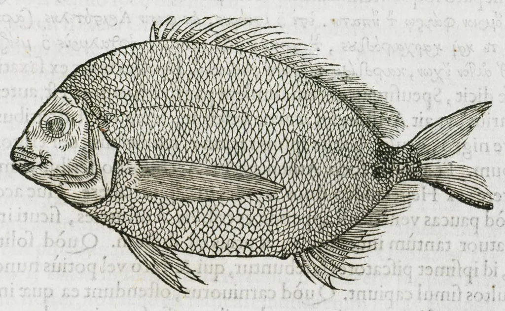 An illustration from Libri de piscibus marinis, in quibus verae piscium effigies expressae sunt. Quæ in ntota piscium historia contineantur, indicat elenchus pagina nona et decima. Postremo accesserunt indices necessarii. Gulielmi Rondeletti, Doctoris medici et medicinae in schola monspeliensi professoris regii., 1554, leaf 167
