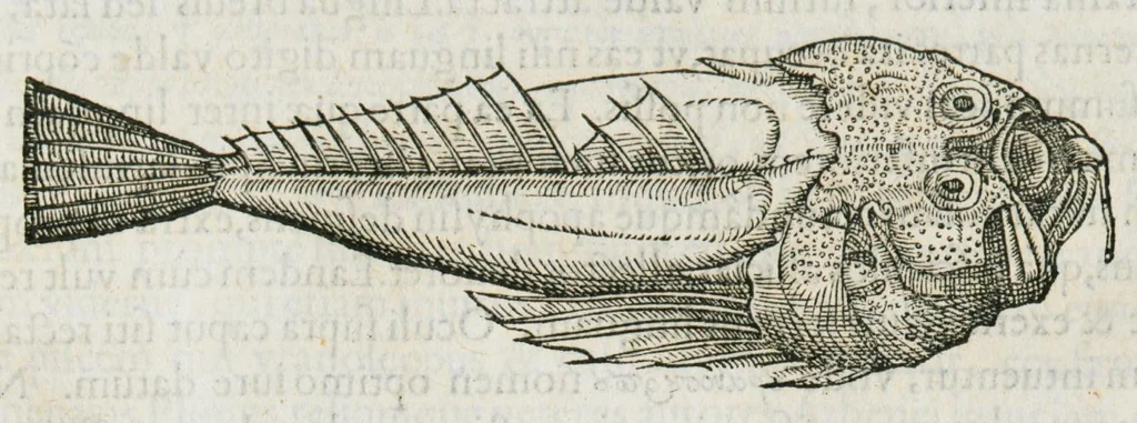 An illustration from Libri de piscibus marinis, in quibus verae piscium effigies expressae sunt. Quæ in ntota piscium historia contineantur, indicat elenchus pagina nona et decima. Postremo accesserunt indices necessarii. Gulielmi Rondeletti, Doctoris medici et medicinae in schola monspeliensi professoris regii., 1554, leaf 325