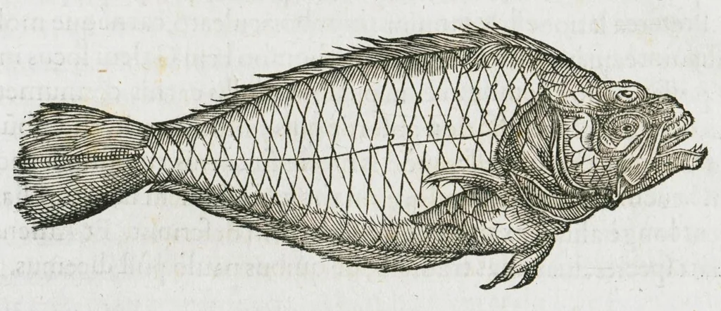 An illustration from Libri de piscibus marinis, in quibus verae piscium effigies expressae sunt. Quæ in ntota piscium historia contineantur, indicat elenchus pagina nona et decima. Postremo accesserunt indices necessarii. Gulielmi Rondeletti, Doctoris medici et medicinae in schola monspeliensi professoris regii., 1554, leaf 334