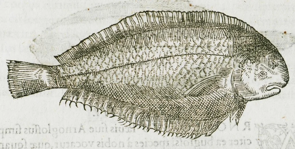 An illustration from Libri de piscibus marinis, in quibus verae piscium effigies expressae sunt. Quæ in ntota piscium historia contineantur, indicat elenchus pagina nona et decima. Postremo accesserunt indices necessarii. Gulielmi Rondeletti, Doctoris medici et medicinae in schola monspeliensi professoris regii., 1554, leaf 343