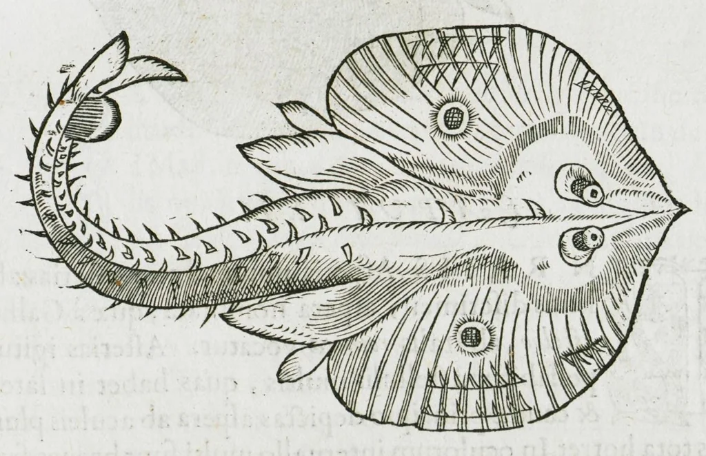An illustration from Libri de piscibus marinis, in quibus verae piscium effigies expressae sunt. Quæ in ntota piscium historia contineantur, indicat elenchus pagina nona et decima. Postremo accesserunt indices necessarii. Gulielmi Rondeletti, Doctoris medici et medicinae in schola monspeliensi professoris regii., 1554, leaf 371
