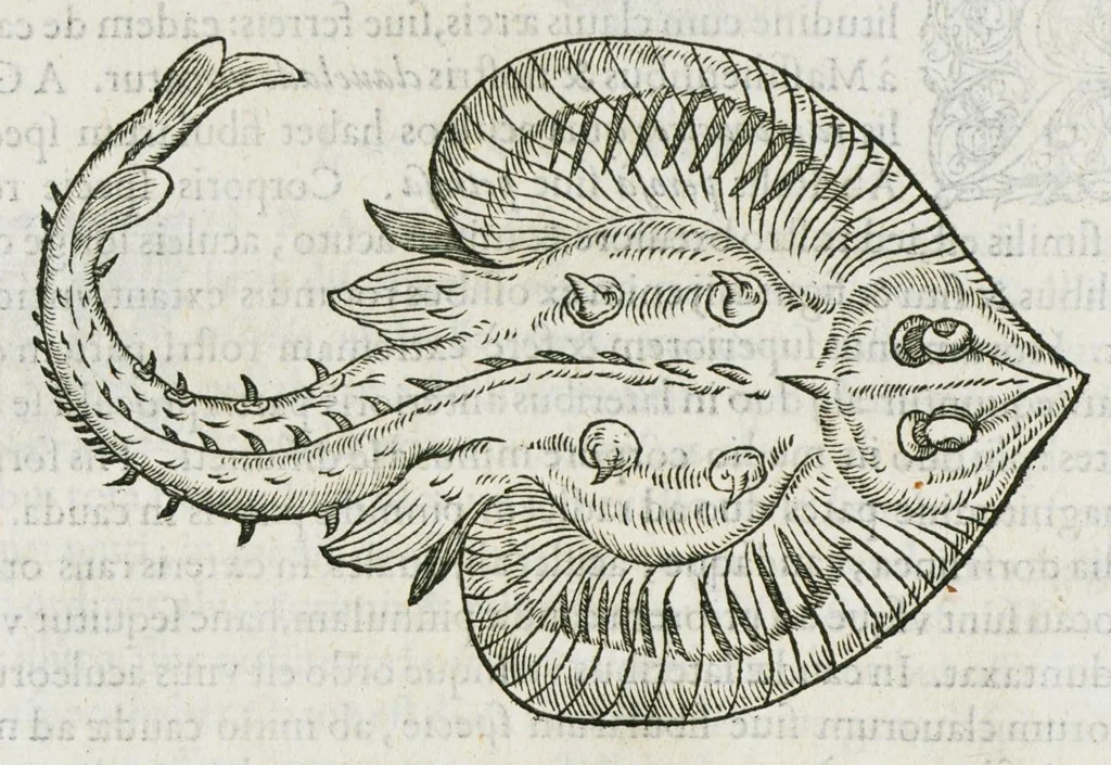 An illustration from Libri de piscibus marinis, in quibus verae piscium effigies expressae sunt. Quæ in ntota piscium historia contineantur, indicat elenchus pagina nona et decima. Postremo accesserunt indices necessarii. Gulielmi Rondeletti, Doctoris medici et medicinae in schola monspeliensi professoris regii., 1554, leaf 374