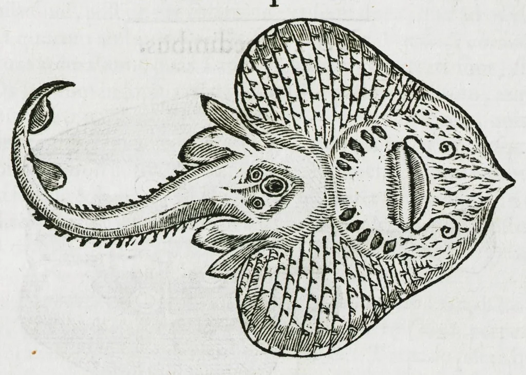 An illustration from Libri de piscibus marinis, in quibus verae piscium effigies expressae sunt. Quæ in ntota piscium historia contineantur, indicat elenchus pagina nona et decima. Postremo accesserunt indices necessarii. Gulielmi Rondeletti, Doctoris medici et medicinae in schola monspeliensi professoris regii., 1554, leaf 377