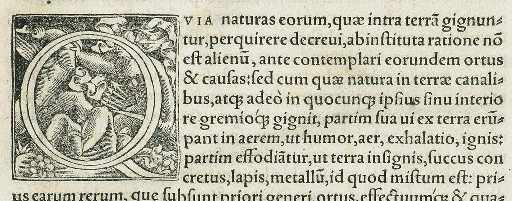 An illustration from Georgii Agricolae De ortu & causis subterraneorum, lib. V. De natura eorum quæ effluunt ex terra, lib. IIII. De natura fossilium, lib. X. De ueteribus & nouis metallis, lib. II. Bermannus, siue De re metallica dialogus, lib. I. Interpretatio Germanica vocum rei metallicæ, addito duplici indice, altero rerum, altero locorum. Omnia ab ipso authore, cum haud pœnitenda acessione, recens recognita., 1558, leaf 13