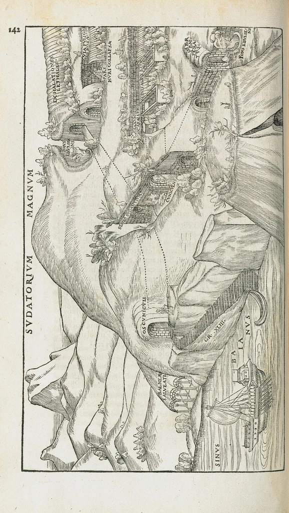 An illustration from Georgii Agricolae De ortu & causis subterraneorum, lib. V. De natura eorum quæ effluunt ex terra, lib. IIII. De natura fossilium, lib. X. De ueteribus & nouis metallis, lib. II. Bermannus, siue De re metallica dialogus, lib. I. Interpretatio Germanica vocum rei metallicæ, addito duplici indice, altero rerum, altero locorum. Omnia ab ipso authore, cum haud pœnitenda acessione, recens recognita., 1558, leaf 154