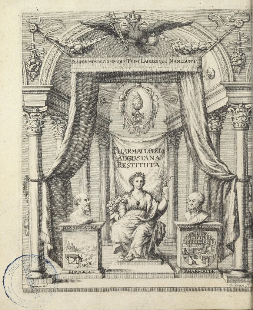 An illustration from Pharmacopoeia Augustana Restituta, sive Examen Animadversionum in Dispensatorium Augustanum, ejusdemque Mantissam hermeticam Joannis Zvelferi, Palatini adornatum à Luca Schröckio, Luc. Fil. Medic. Doct. & in Patria Physico.[Suivi de : ], 1673, leaf 8