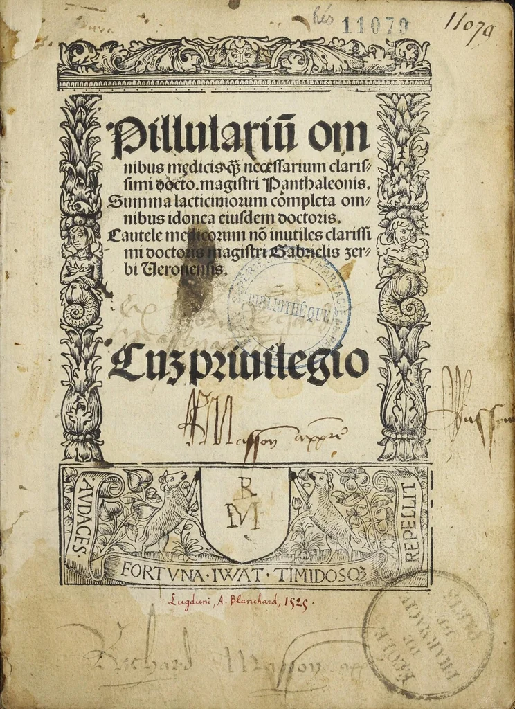 An illustration from Pillulariu[m] omnibus medicis q[uam] necessarium clarissimi docto. Magistri Panthaleonis. Summa lacticiniorum completa omnibus idonea ejusdem doctoris. Cautele medicorum no[n] inutiles clarissimi doctoris Magistri Gabrielis Zerbi Veronensis. Luz privilegio., 1525, leaf 3