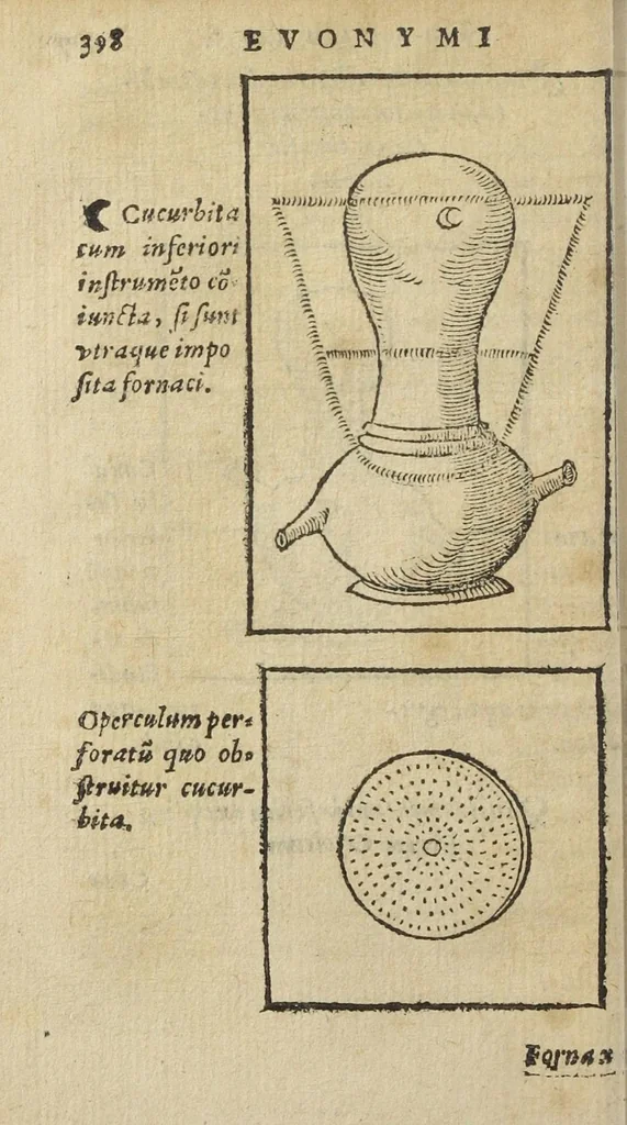 An illustration from Pax methodicorum, cum spagyricis. A Nob. Petro de Vege Sereniss. Ducis Sabaudiæ Medico. Cum epilepsiæ, podagræ, Hydrop. & Lepræ curatione. Accessit Conr. Gesneri Thesaurus Evonymi de remediis secretis nunc in lucem editus, diligentia Casp. Wolfii, Adjectis ingeniosis fornacum figuris. [Suivi de :] Conr. Gesneri Thesaurus Evonymi de remediis secretis. Nunc studio & diligentia Gaspari Vvelphij medici & physici singularis illustratus, & in lucem editus. Adiecimus in pharmacopolarum gratiam plurimas ingeniosas fornacum figuras, quo facilior haec materia & dilucidior habeatur., 1620, leaf 462