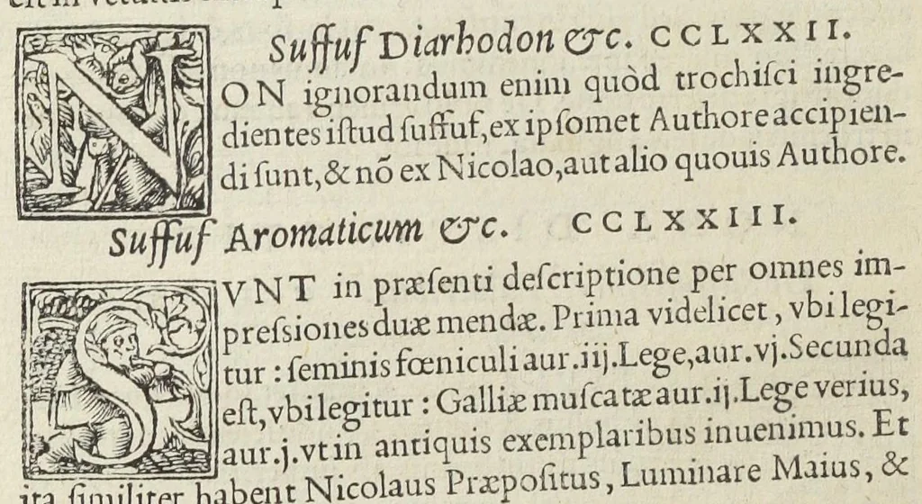 An illustration from In antidotarium Joannis filii Mesuae censura. Cum declaratione simplicium medicinarum et solutione multorum dubiorum ac difficilium terminorum(per venerandos patres et J.C servos, fratres Bartholomaeum Urbevelanum et Angelum Paleam Juvenatiensem). Ad haec receptarium cum suo repertorio in calce apposuimus. Opus sane tam medicinæ studiosis, quàm aromatariis necessarium., 1545, leaf 498