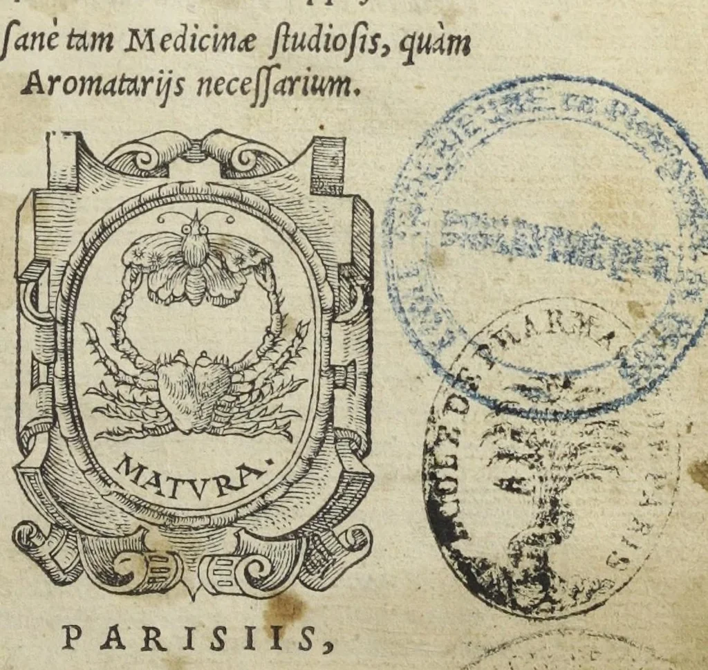 An illustration from In antidotarium Joannis filii Mesuae censura. Cum declaratione simplicium medicinarum et solutione multorum dubiorum ac difficilium terminorum(per venerandos patres et J.C servos, fratres Bartholomaeum Urbevelanum et Angelum Paleam Juvenatiensem). Ad haec receptarium cum suo repertorio in calce apposuimus. Opus sane tam medicinæ studiosis, quàm aromatariis necessarium., 1545, leaf 5