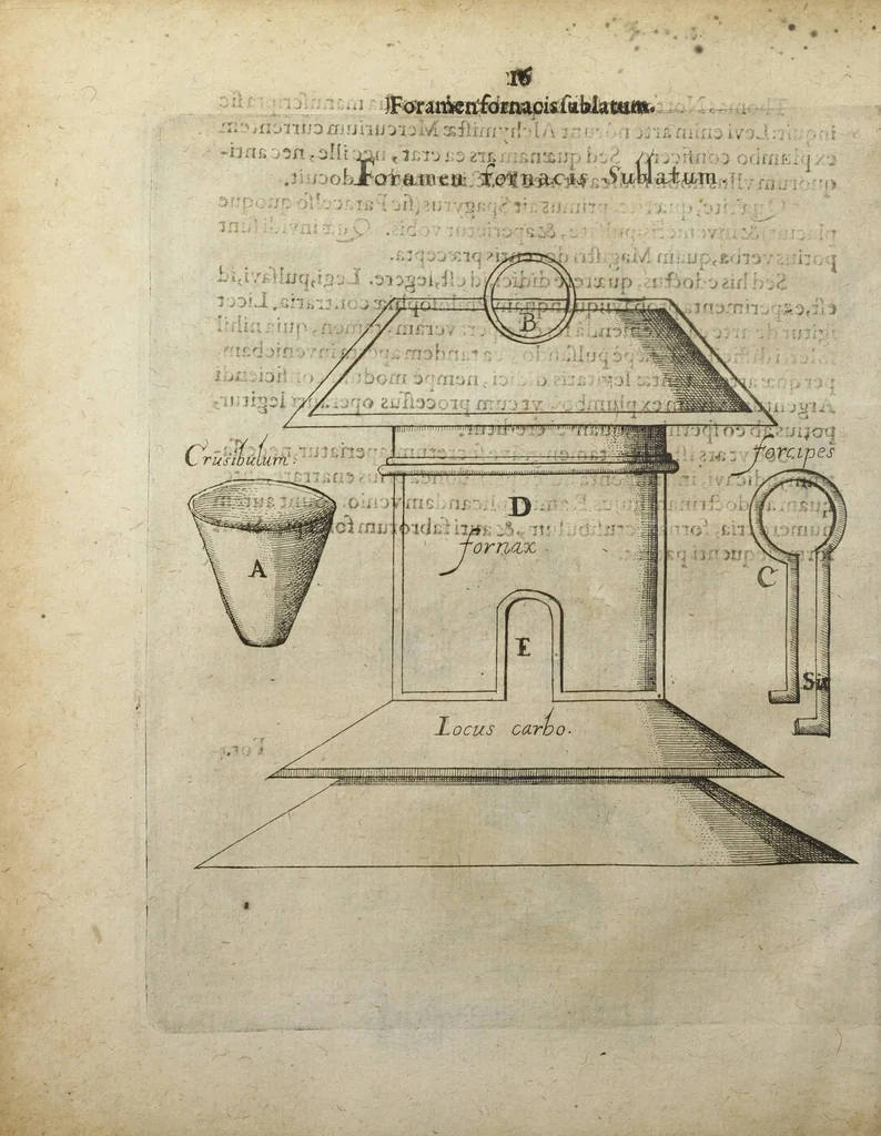 An illustration from Saturnus saturatus, dissolutus, et coelo restitutus, seu Modus componendi lapidem philosophicum tam album, quam rubeum e plumbo, ac etiam eadem methodo e Jove sive stanno, olim a Samuele Nortono,... inchoatus, nunc vero edente Edmundo Deano,... auctus, illustratus et perfectus. Cui accessit accurtatio operis Saturni, una cum modo extrahendi arg. vivum e plumbo. Accessit praeterea Tractatus parvus de metho ["sic"] philosophorum in opere Saturni, secundum Georgium Riplaeum, auctus, et emendatus ; una cum accuratione Riplaeana Mercurii sublimati emendata etiam, et auctiore reddita, 1630, leaf 15