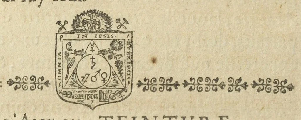 An illustration from Revelation des mysteres des teintures essencieles des sept metaux, & de leurs vertus medicinales. Composée en allemand par F. Basile Valentin, religieux de l'Ordre de Saint Benoist, et traduite par I. Israel, medecin allemand. Dediée à Monsieur Vautier, conseiller du Roy en ses conseils d'Estat & privé, & premier medecin de sa majesté. Divisée en sept chapitres., 1646, leaf 74