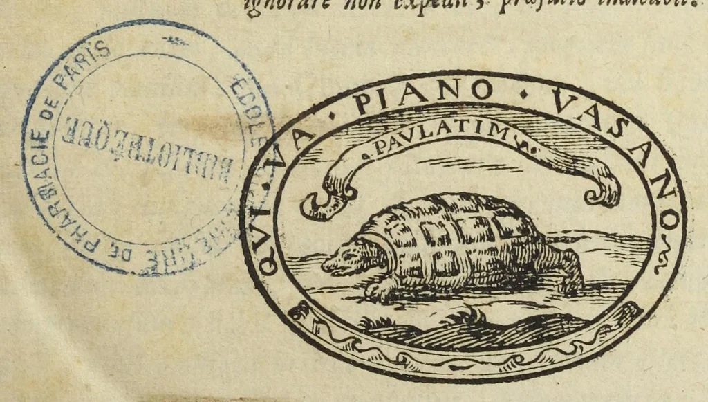 An illustration from Collectanea chymica Leydensia, id est, Maëtsiana, Margraviana, Le Mortiana, scilicet trium in Academia Lugduno-Batavâ facultatis Chymicæ, quâ publicè, quâ privatim, Professorum, nunc viventium, atque docentium, qui isthæc discipulis suis, ex omni Europa illo confluentibus, per bos annos , non solum ostenderunt, verum etiam suis verbis dictarunt. Opus, quingentis, & ampliùs, processibus adornatum, omnibus & medicis, & chimicis, & pharmacopæis, imprimis utile ; cum ob insignem plerorumque usitiorum procesiuum varietatem, tum ob novam, atque elegantem in singulis operandi rationem, tribus his, tantisque viris, in usu habitam. Collegit, digessit, edidit,Christophorus Love Morley, M.D. Anglus., 1684, leaf 5