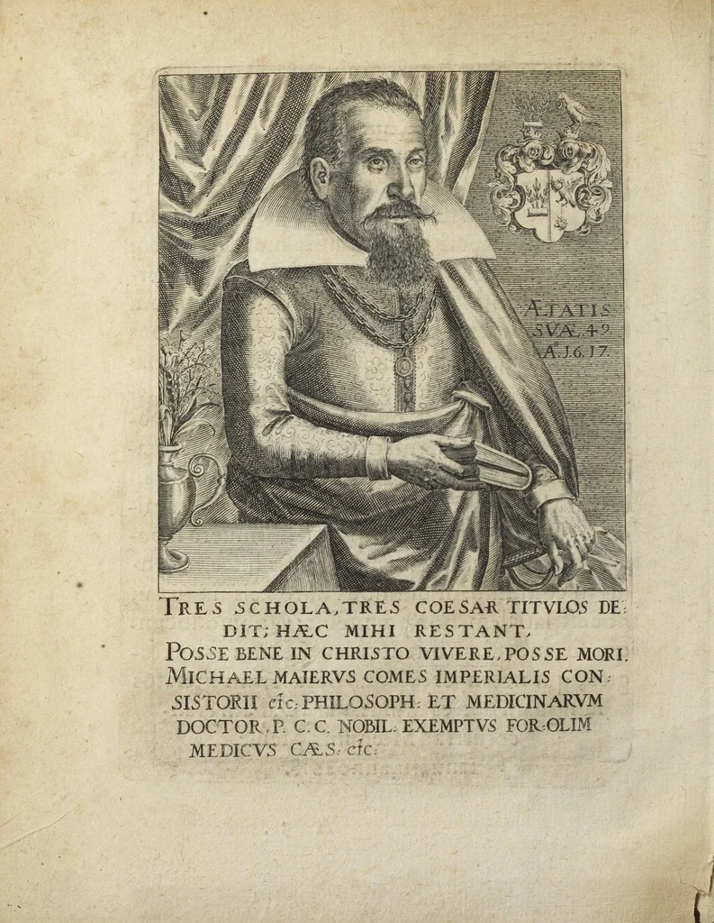An illustration from Tripus aureus, hoc est, Tres tractatus chymici selectissimi, nempe I. Basilii Valentini, ordinis monachi, Germani, Practica una cum 12. clavibus & appendice, ex Germanico ; II. Thomæ Nortoni, angli philosophi Crede mihi seu ordinale ante annos 140. ab authore scriptum, nunc ex Anglicano manuscripto in Latinum translatum, phrasi cujusque authoris ut & sententia retenta ; nunc ex Anglicano manuscripto in Latinum translatum, phrasi cujusque authoris ut & sententia retenta; III. Cremeri cujusdam abbatis Westmonasterienses Angli Testamentum, hactenus nondum publicatum, nunc in diversarum nationum gratiam editi, & figuris cupro assabre incisis ornati operâ & studio Michaelis Maieri Phil. & Med. D. Com. P. &c, 1618, leaf 10