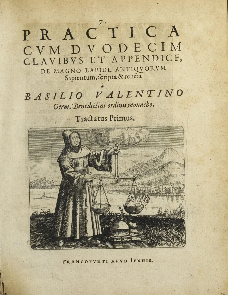 An illustration from Tripus aureus, hoc est, Tres tractatus chymici selectissimi, nempe I. Basilii Valentini, ordinis monachi, Germani, Practica una cum 12. clavibus & appendice, ex Germanico ; II. Thomæ Nortoni, angli philosophi Crede mihi seu ordinale ante annos 140. ab authore scriptum, nunc ex Anglicano manuscripto in Latinum translatum, phrasi cujusque authoris ut & sententia retenta ; nunc ex Anglicano manuscripto in Latinum translatum, phrasi cujusque authoris ut & sententia retenta; III. Cremeri cujusdam abbatis Westmonasterienses Angli Testamentum, hactenus nondum publicatum, nunc in diversarum nationum gratiam editi, & figuris cupro assabre incisis ornati operâ & studio Michaelis Maieri Phil. & Med. D. Com. P. &c, 1618, leaf 11