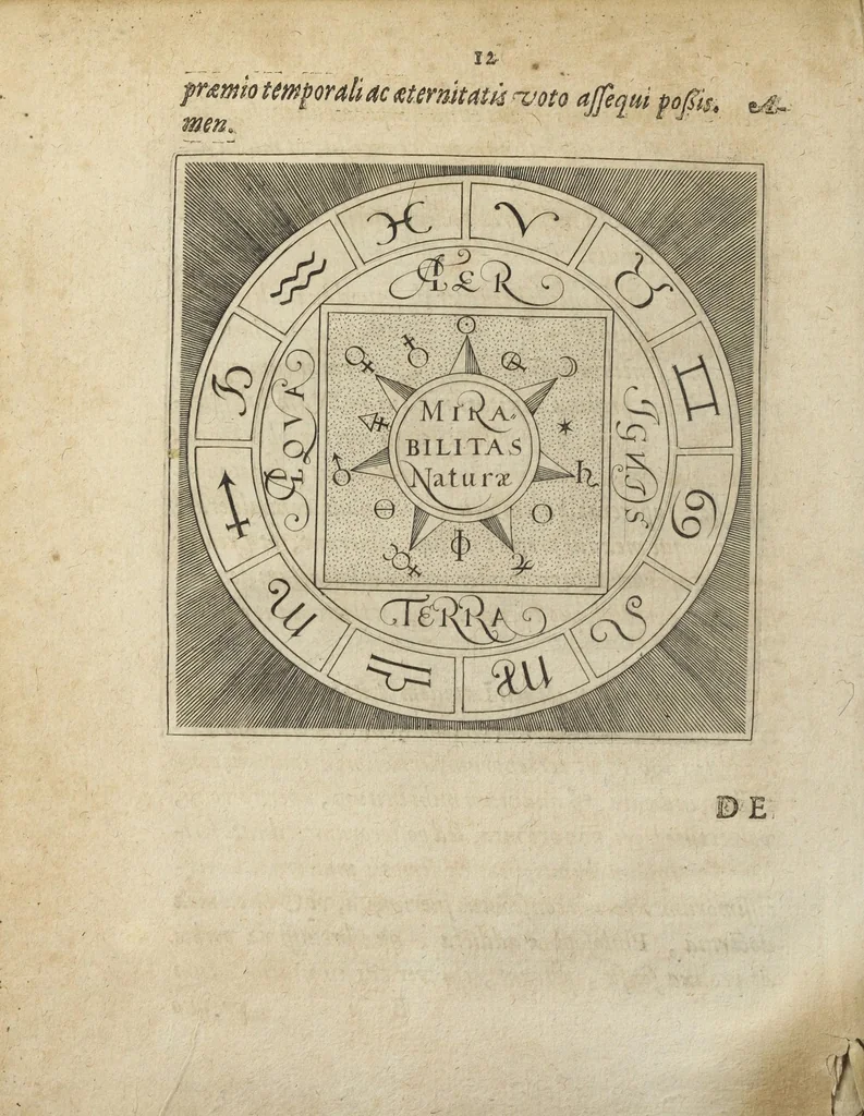 An illustration from Tripus aureus, hoc est, Tres tractatus chymici selectissimi, nempe I. Basilii Valentini, ordinis monachi, Germani, Practica una cum 12. clavibus & appendice, ex Germanico ; II. Thomæ Nortoni, angli philosophi Crede mihi seu ordinale ante annos 140. ab authore scriptum, nunc ex Anglicano manuscripto in Latinum translatum, phrasi cujusque authoris ut & sententia retenta ; nunc ex Anglicano manuscripto in Latinum translatum, phrasi cujusque authoris ut & sententia retenta; III. Cremeri cujusdam abbatis Westmonasterienses Angli Testamentum, hactenus nondum publicatum, nunc in diversarum nationum gratiam editi, & figuris cupro assabre incisis ornati operâ & studio Michaelis Maieri Phil. & Med. D. Com. P. &c, 1618, leaf 16