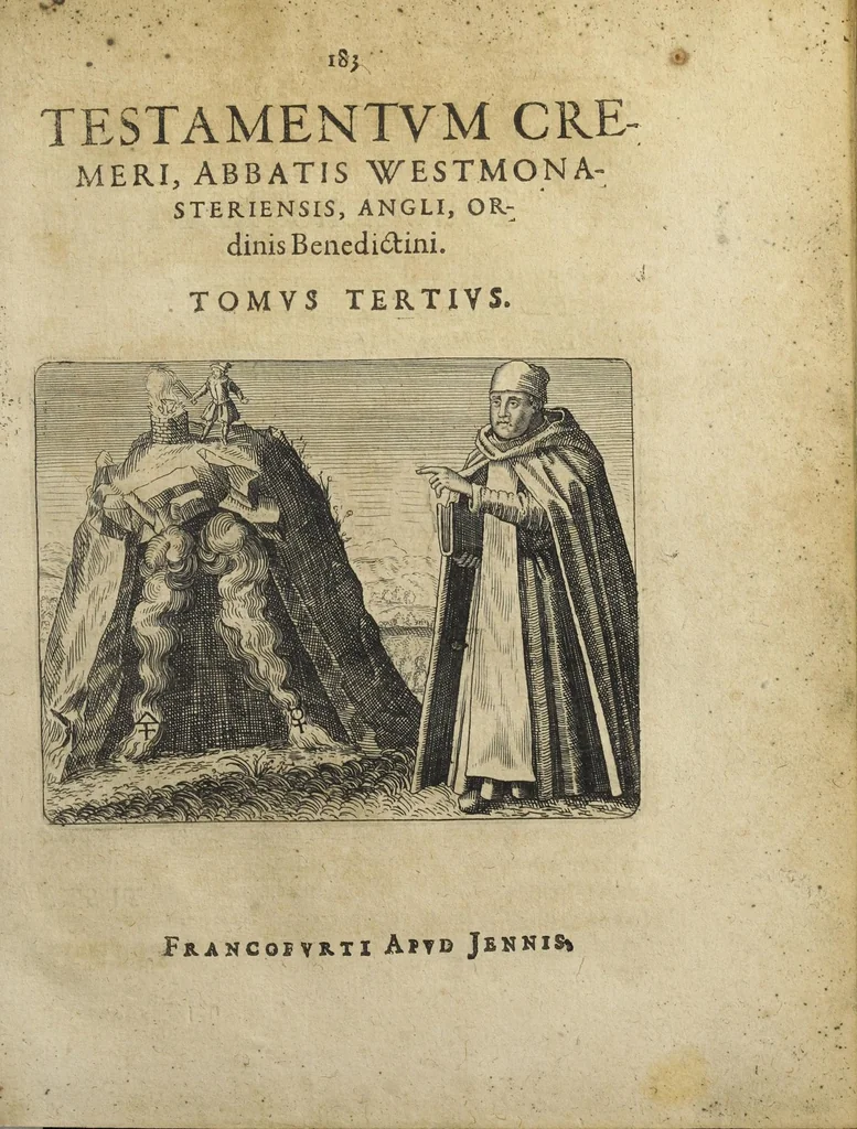 An illustration from Tripus aureus, hoc est, Tres tractatus chymici selectissimi, nempe I. Basilii Valentini, ordinis monachi, Germani, Practica una cum 12. clavibus & appendice, ex Germanico ; II. Thomæ Nortoni, angli philosophi Crede mihi seu ordinale ante annos 140. ab authore scriptum, nunc ex Anglicano manuscripto in Latinum translatum, phrasi cujusque authoris ut & sententia retenta ; nunc ex Anglicano manuscripto in Latinum translatum, phrasi cujusque authoris ut & sententia retenta; III. Cremeri cujusdam abbatis Westmonasterienses Angli Testamentum, hactenus nondum publicatum, nunc in diversarum nationum gratiam editi, & figuris cupro assabre incisis ornati operâ & studio Michaelis Maieri Phil. & Med. D. Com. P. &c, 1618, leaf 187