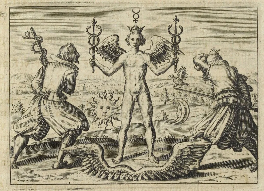 An illustration from Tripus aureus, hoc est, Tres tractatus chymici selectissimi, nempe I. Basilii Valentini, ordinis monachi, Germani, Practica una cum 12. clavibus & appendice, ex Germanico ; II. Thomæ Nortoni, angli philosophi Crede mihi seu ordinale ante annos 140. ab authore scriptum, nunc ex Anglicano manuscripto in Latinum translatum, phrasi cujusque authoris ut & sententia retenta ; nunc ex Anglicano manuscripto in Latinum translatum, phrasi cujusque authoris ut & sententia retenta; III. Cremeri cujusdam abbatis Westmonasterienses Angli Testamentum, hactenus nondum publicatum, nunc in diversarum nationum gratiam editi, & figuris cupro assabre incisis ornati operâ & studio Michaelis Maieri Phil. & Med. D. Com. P. &c, 1618, leaf 34