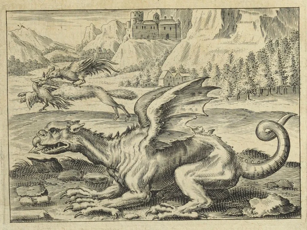 An illustration from Tripus aureus, hoc est, Tres tractatus chymici selectissimi, nempe I. Basilii Valentini, ordinis monachi, Germani, Practica una cum 12. clavibus & appendice, ex Germanico ; II. Thomæ Nortoni, angli philosophi Crede mihi seu ordinale ante annos 140. ab authore scriptum, nunc ex Anglicano manuscripto in Latinum translatum, phrasi cujusque authoris ut & sententia retenta ; nunc ex Anglicano manuscripto in Latinum translatum, phrasi cujusque authoris ut & sententia retenta; III. Cremeri cujusdam abbatis Westmonasterienses Angli Testamentum, hactenus nondum publicatum, nunc in diversarum nationum gratiam editi, & figuris cupro assabre incisis ornati operâ & studio Michaelis Maieri Phil. & Med. D. Com. P. &c, 1618, leaf 37