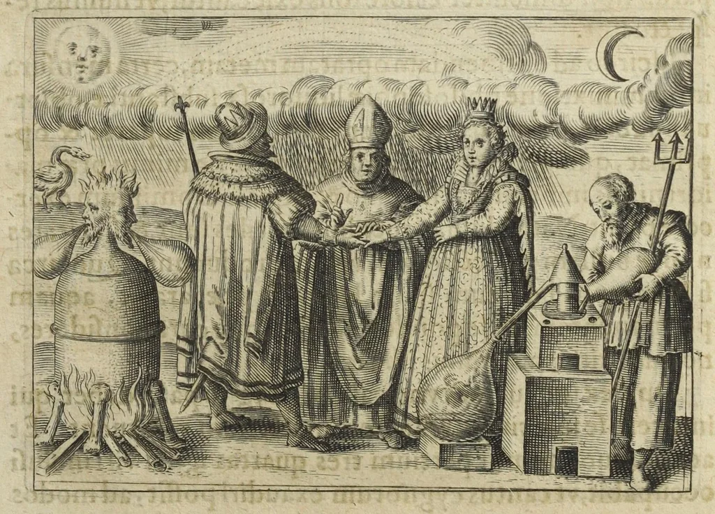 An illustration from Tripus aureus, hoc est, Tres tractatus chymici selectissimi, nempe I. Basilii Valentini, ordinis monachi, Germani, Practica una cum 12. clavibus & appendice, ex Germanico ; II. Thomæ Nortoni, angli philosophi Crede mihi seu ordinale ante annos 140. ab authore scriptum, nunc ex Anglicano manuscripto in Latinum translatum, phrasi cujusque authoris ut & sententia retenta ; nunc ex Anglicano manuscripto in Latinum translatum, phrasi cujusque authoris ut & sententia retenta; III. Cremeri cujusdam abbatis Westmonasterienses Angli Testamentum, hactenus nondum publicatum, nunc in diversarum nationum gratiam editi, & figuris cupro assabre incisis ornati operâ & studio Michaelis Maieri Phil. & Med. D. Com. P. &c, 1618, leaf 45