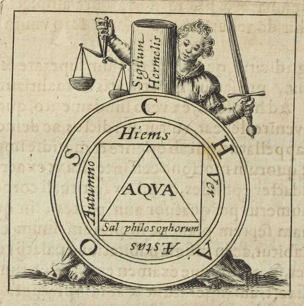 An illustration from Tripus aureus, hoc est, Tres tractatus chymici selectissimi, nempe I. Basilii Valentini, ordinis monachi, Germani, Practica una cum 12. clavibus & appendice, ex Germanico ; II. Thomæ Nortoni, angli philosophi Crede mihi seu ordinale ante annos 140. ab authore scriptum, nunc ex Anglicano manuscripto in Latinum translatum, phrasi cujusque authoris ut & sententia retenta ; nunc ex Anglicano manuscripto in Latinum translatum, phrasi cujusque authoris ut & sententia retenta; III. Cremeri cujusdam abbatis Westmonasterienses Angli Testamentum, hactenus nondum publicatum, nunc in diversarum nationum gratiam editi, & figuris cupro assabre incisis ornati operâ & studio Michaelis Maieri Phil. & Med. D. Com. P. &c, 1618, leaf 48