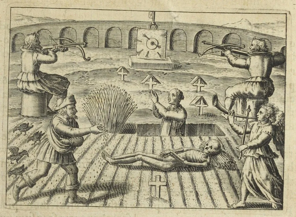 An illustration from Tripus aureus, hoc est, Tres tractatus chymici selectissimi, nempe I. Basilii Valentini, ordinis monachi, Germani, Practica una cum 12. clavibus & appendice, ex Germanico ; II. Thomæ Nortoni, angli philosophi Crede mihi seu ordinale ante annos 140. ab authore scriptum, nunc ex Anglicano manuscripto in Latinum translatum, phrasi cujusque authoris ut & sententia retenta ; nunc ex Anglicano manuscripto in Latinum translatum, phrasi cujusque authoris ut & sententia retenta; III. Cremeri cujusdam abbatis Westmonasterienses Angli Testamentum, hactenus nondum publicatum, nunc in diversarum nationum gratiam editi, & figuris cupro assabre incisis ornati operâ & studio Michaelis Maieri Phil. & Med. D. Com. P. &c, 1618, leaf 51