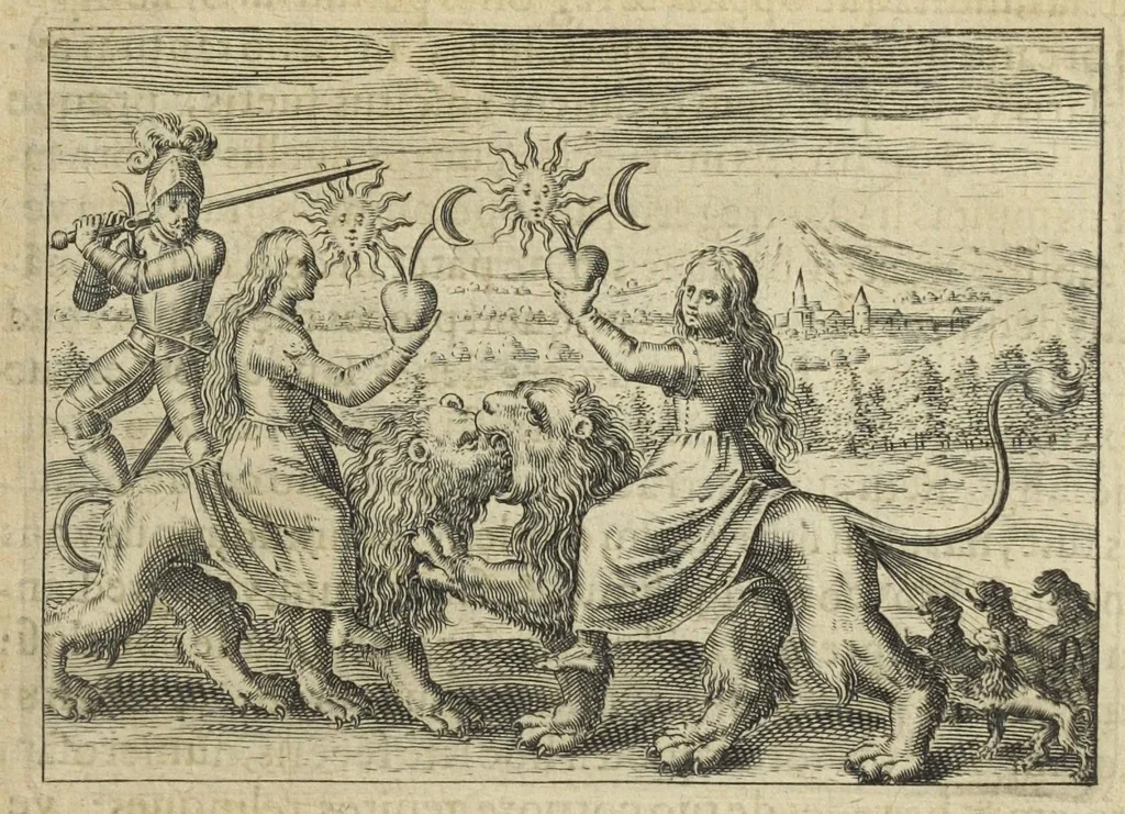 An illustration from Tripus aureus, hoc est, Tres tractatus chymici selectissimi, nempe I. Basilii Valentini, ordinis monachi, Germani, Practica una cum 12. clavibus & appendice, ex Germanico ; II. Thomæ Nortoni, angli philosophi Crede mihi seu ordinale ante annos 140. ab authore scriptum, nunc ex Anglicano manuscripto in Latinum translatum, phrasi cujusque authoris ut & sententia retenta ; nunc ex Anglicano manuscripto in Latinum translatum, phrasi cujusque authoris ut & sententia retenta; III. Cremeri cujusdam abbatis Westmonasterienses Angli Testamentum, hactenus nondum publicatum, nunc in diversarum nationum gratiam editi, & figuris cupro assabre incisis ornati operâ & studio Michaelis Maieri Phil. & Med. D. Com. P. &c, 1618, leaf 65