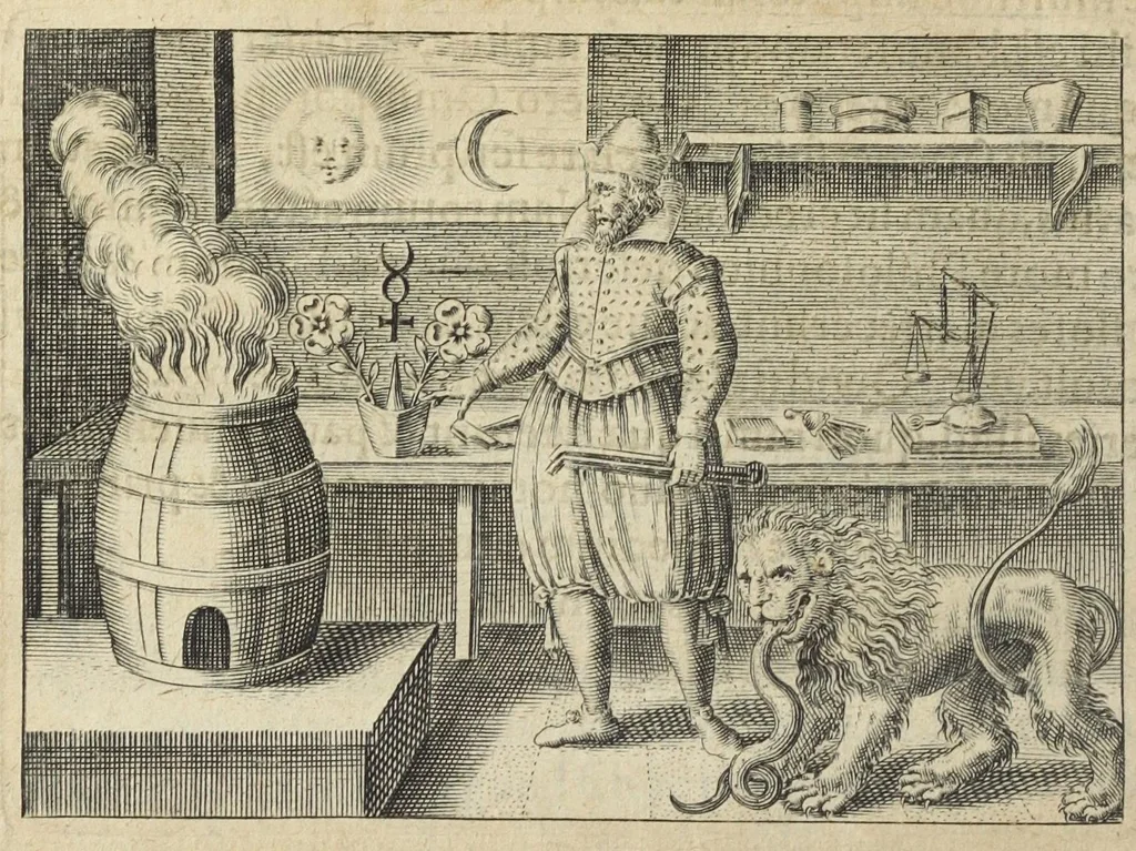 An illustration from Tripus aureus, hoc est, Tres tractatus chymici selectissimi, nempe I. Basilii Valentini, ordinis monachi, Germani, Practica una cum 12. clavibus & appendice, ex Germanico ; II. Thomæ Nortoni, angli philosophi Crede mihi seu ordinale ante annos 140. ab authore scriptum, nunc ex Anglicano manuscripto in Latinum translatum, phrasi cujusque authoris ut & sententia retenta ; nunc ex Anglicano manuscripto in Latinum translatum, phrasi cujusque authoris ut & sententia retenta; III. Cremeri cujusdam abbatis Westmonasterienses Angli Testamentum, hactenus nondum publicatum, nunc in diversarum nationum gratiam editi, & figuris cupro assabre incisis ornati operâ & studio Michaelis Maieri Phil. & Med. D. Com. P. &c, 1618, leaf 68