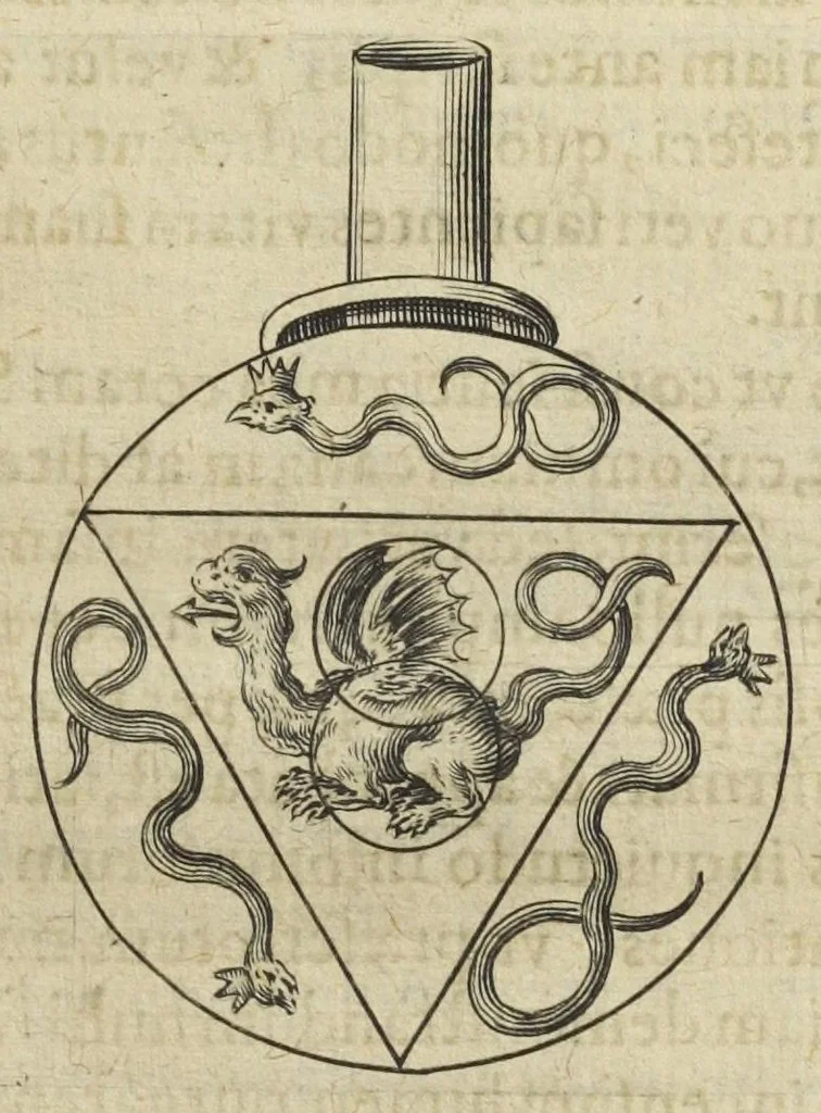 An illustration from Tripus aureus, hoc est, Tres tractatus chymici selectissimi, nempe I. Basilii Valentini, ordinis monachi, Germani, Practica una cum 12. clavibus & appendice, ex Germanico ; II. Thomæ Nortoni, angli philosophi Crede mihi seu ordinale ante annos 140. ab authore scriptum, nunc ex Anglicano manuscripto in Latinum translatum, phrasi cujusque authoris ut & sententia retenta ; nunc ex Anglicano manuscripto in Latinum translatum, phrasi cujusque authoris ut & sententia retenta; III. Cremeri cujusdam abbatis Westmonasterienses Angli Testamentum, hactenus nondum publicatum, nunc in diversarum nationum gratiam editi, & figuris cupro assabre incisis ornati operâ & studio Michaelis Maieri Phil. & Med. D. Com. P. &c, 1618, leaf 71