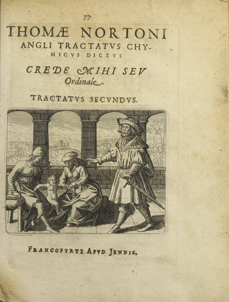 An illustration from Tripus aureus, hoc est, Tres tractatus chymici selectissimi, nempe I. Basilii Valentini, ordinis monachi, Germani, Practica una cum 12. clavibus & appendice, ex Germanico ; II. Thomæ Nortoni, angli philosophi Crede mihi seu ordinale ante annos 140. ab authore scriptum, nunc ex Anglicano manuscripto in Latinum translatum, phrasi cujusque authoris ut & sententia retenta ; nunc ex Anglicano manuscripto in Latinum translatum, phrasi cujusque authoris ut & sententia retenta; III. Cremeri cujusdam abbatis Westmonasterienses Angli Testamentum, hactenus nondum publicatum, nunc in diversarum nationum gratiam editi, & figuris cupro assabre incisis ornati operâ & studio Michaelis Maieri Phil. & Med. D. Com. P. &c, 1618, leaf 81