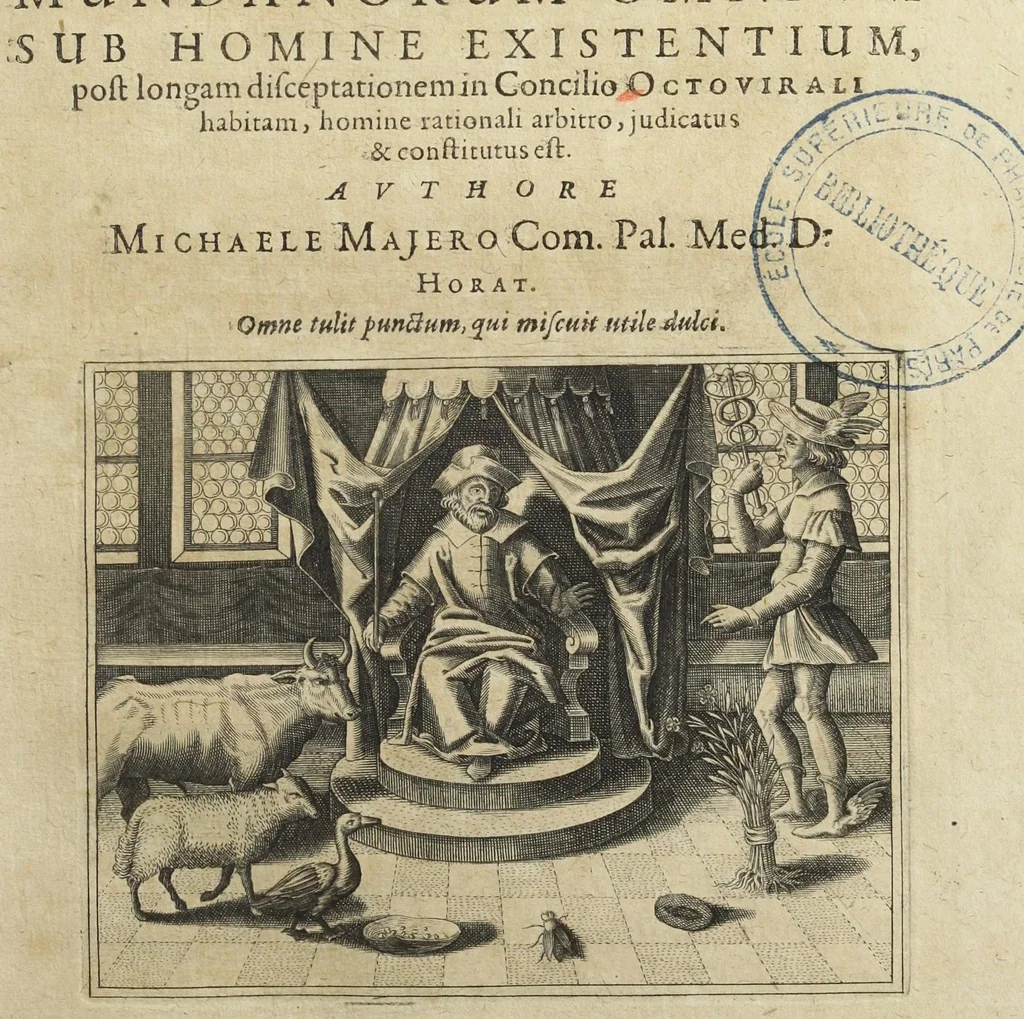 An illustration from Lusus Serius, quo Hermes sive Mercurius Rex mundanorum omnium sub homine existentium, post longam disceptationem in Concilio Octovirali habitam, homine rationali arbitro, judicatus & constitutus est. Authore Michaele Majero Com. Pal. Med. D., 1619, leaf 1