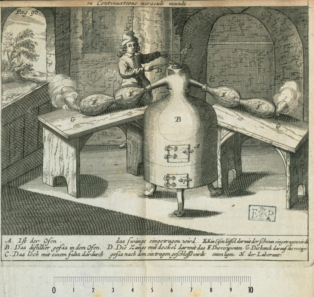 An illustration from Miraculi mundi continuatio, in qua tota natura denudatur, & toti mundo nudè ob oculos ponitur ; imòdilucidè & apertè demonstratur, fieri posse, ut exsale petræ omnium vegetabilium, animalium & mineralium summa medicina paretur, ac ideò sal petræ jure ac meritò verum subjectum solvens, sive menstruum universale (rumpantur ilia omnibus farnerianis asinis) appellari quest. Miracula divina manifestandi, & hermeticæ medicinæ studiosos docendi gratia conscripta, & in lucem edita studio & opera. Johan Rud. Glauberi., 1658, leaf 106