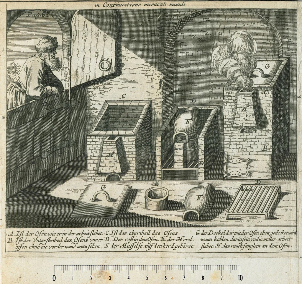 An illustration from Miraculi mundi continuatio, in qua tota natura denudatur, & toti mundo nudè ob oculos ponitur ; imòdilucidè & apertè demonstratur, fieri posse, ut exsale petræ omnium vegetabilium, animalium & mineralium summa medicina paretur, ac ideò sal petræ jure ac meritò verum subjectum solvens, sive menstruum universale (rumpantur ilia omnibus farnerianis asinis) appellari quest. Miracula divina manifestandi, & hermeticæ medicinæ studiosos docendi gratia conscripta, & in lucem edita studio & opera. Johan Rud. Glauberi., 1658, leaf 69