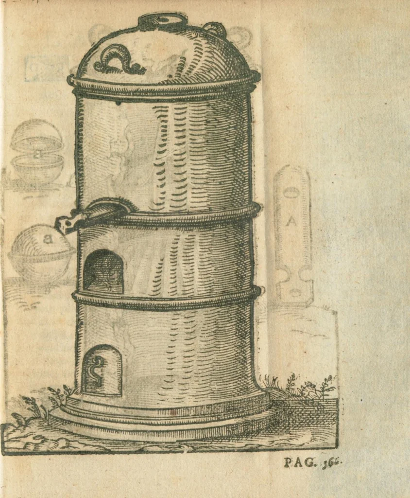 An illustration from Secreta Alchimiæ Magnalia D. Thomæ Aquinatis, de corporibus supercœlestibus, & quòd in rebus inferioribus inveniantur, quoque modo extrahantur : de lapide minerali, animali, & plantali. Item thesaurus alchimiæ secretissimus ; quem dedit fratri suo Reinaldo. Accessit et Joannis de Rupescissa liber lucis, ac Raymundi Lullii opus pulcherrimum, quod inscribitur clavicula & apertorium in quo omnia quæ in opere alchimiæ requiruntur, venustè declarantur, & sine quo, ut ipse testatur Lullius, alii sui libri intellegi nequeunt. Opera Danielis Brouchuisii artium & medicinæ doctoris. Cum præfatione D. Joannis Heurnii. Editio tertia., 1602, leaf 61