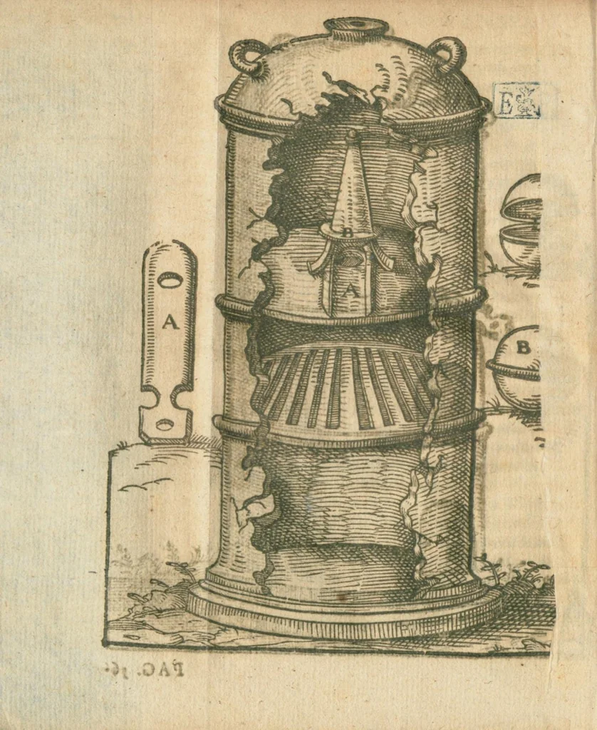 An illustration from Secreta Alchimiæ Magnalia D. Thomæ Aquinatis, de corporibus supercœlestibus, & quòd in rebus inferioribus inveniantur, quoque modo extrahantur : de lapide minerali, animali, & plantali. Item thesaurus alchimiæ secretissimus ; quem dedit fratri suo Reinaldo. Accessit et Joannis de Rupescissa liber lucis, ac Raymundi Lullii opus pulcherrimum, quod inscribitur clavicula & apertorium in quo omnia quæ in opere alchimiæ requiruntur, venustè declarantur, & sine quo, ut ipse testatur Lullius, alii sui libri intellegi nequeunt. Opera Danielis Brouchuisii artium & medicinæ doctoris. Cum præfatione D. Joannis Heurnii. Editio tertia., 1602, leaf 62