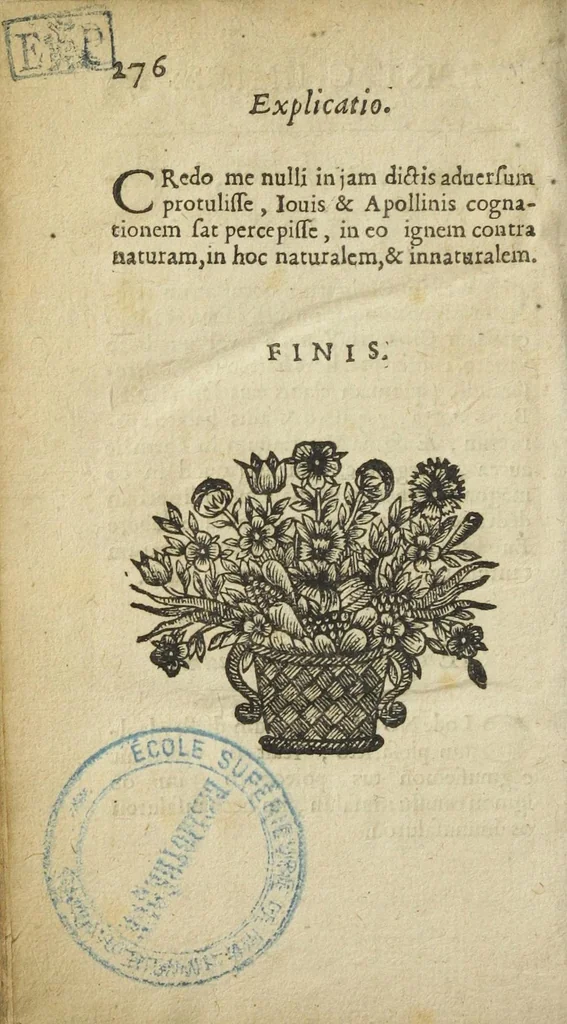 An illustration from Bibliotheca chimica. Seu catalogus librorum philosophicorum hermeticorum. In quo quatuor millia circiter, authorum chimicorum, vel de transmutatione metallorum, re minerali, & arcanis, tam manuscriptorum, quam in lucem editorum, cum eorum editionibus, usque ad annum 1653. continentur. Cum ejusdem bibliothecæ appendice, & corollario authore Petro Borellio Castrensi, Medico Doctore,, 1654, leaf 292