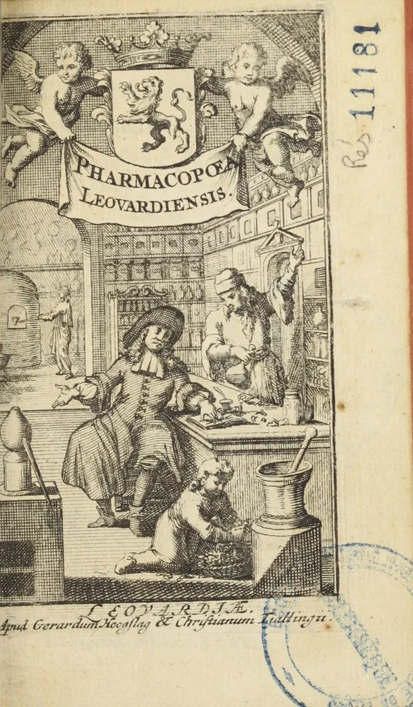 An illustration from Pharmacopoea Leovardiensis Galenico-chymica, collegii medici ejusdem loci opera adornata et magistratus authoritate munita. Editio secunda., 1698, leaf 7