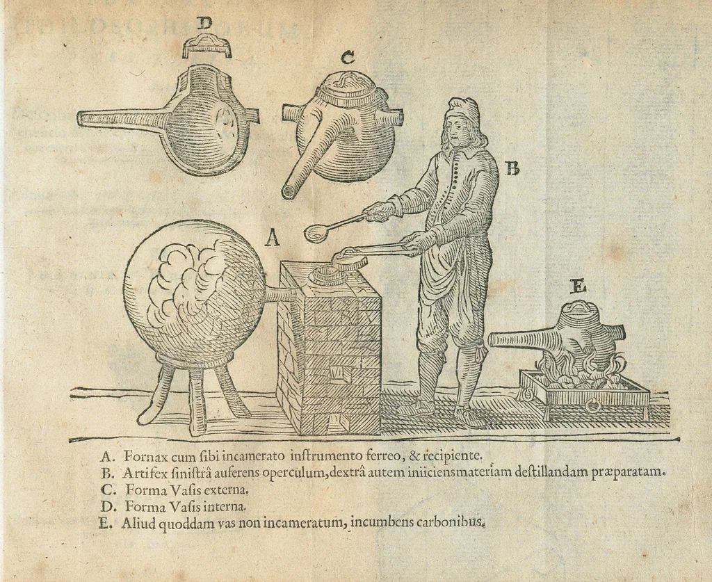 An illustration from Furni novi philosophici, sive Descriptio artis destillatoriæ novæ ; nec non Spirituum, oleorum, florum, aliorumque medicamentorum illius beneficio, facilimâ quâdam & peculiari viâ è vegetabilibus, animalibus & mineralibus, conficiendorum & quidem magno cum lucro ; agens quoque de illorum usu tàm chymico quàm medico,edita & publicata in gratiam veritatis studiosorum per Joannem Rudolphum Glauberum., 1651, leaf 231