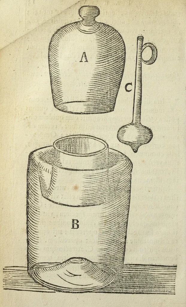 An illustration from Furni novi philosophici, sive Descriptio artis destillatoriæ novæ ; nec non Spirituum, oleorum, florum, aliorumque medicamentorum illius beneficio, facilimâ quâdam & peculiari viâ è vegetabilibus, animalibus & mineralibus, conficiendorum & quidem magno cum lucro ; agens quoque de illorum usu tàm chymico quàm medico,edita & publicata in gratiam veritatis studiosorum per Joannem Rudolphum Glauberum., 1651, leaf 392