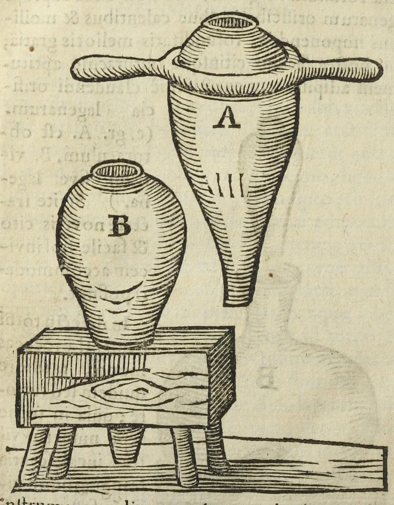 An illustration from Furni novi philosophici, sive Descriptio artis destillatoriæ novæ ; nec non Spirituum, oleorum, florum, aliorumque medicamentorum illius beneficio, facilimâ quâdam & peculiari viâ è vegetabilibus, animalibus & mineralibus, conficiendorum & quidem magno cum lucro ; agens quoque de illorum usu tàm chymico quàm medico,edita & publicata in gratiam veritatis studiosorum per Joannem Rudolphum Glauberum., 1651, leaf 396