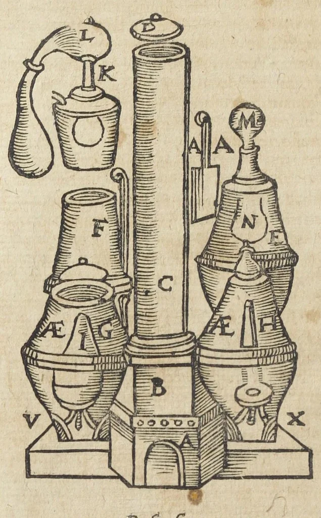 An illustration from Theatrum chemicum, præcipuos selectorum auctorum tractatus de chemiæ et lapidis philosophici antiquitate, veritate, jure, præstantia, & operationibus, continens : in gratiam veræ chemiæ, & medicinæ chemicæ studiosorum (ut qui uberrimam inde optimorum remediorum messem facere potuerunt) congestum, & in sex partes seu volumina digestum ; singulis voluminibus, suo auctorum et librorum catalogo primis pagellis : rerum verò & verborum indice postremis annexo. Volumen primum., 1659, leaf 214