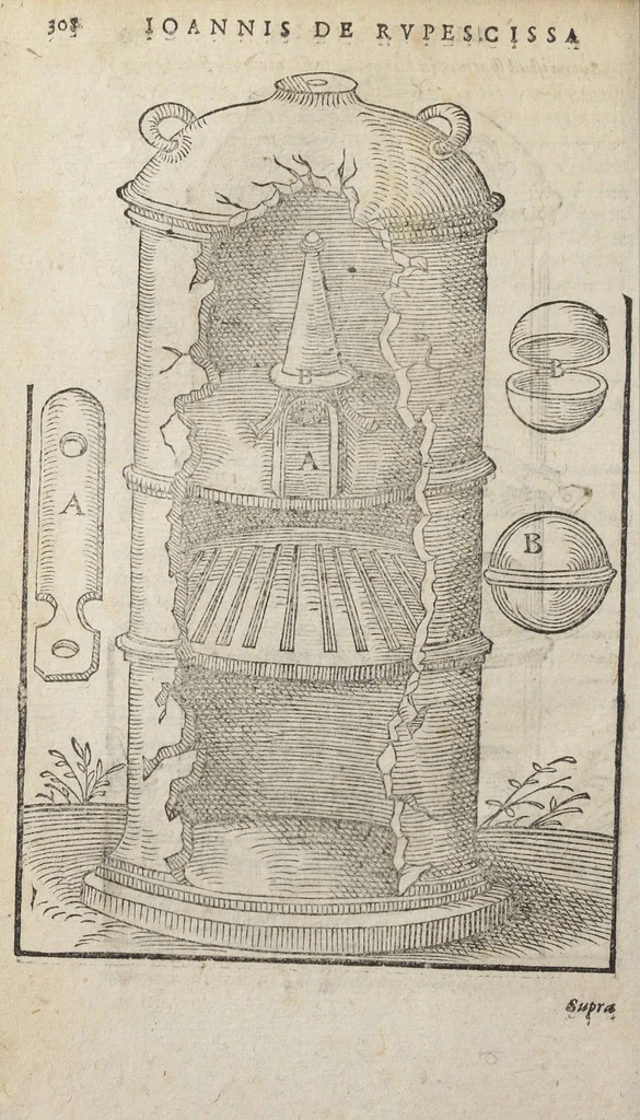 An illustration from Theatrum chemicum, præcipuos selectorum auctorum tractatus de chemiæ et lapidis philosophici antiquitate, veritate, jure, præstantia, & operationibus continens : in gratiam verae chemiae, et medicinæ chemicæ studiosorum (ut qui uberrimam inde optimorum remediorum messem facere potuerunt) congestum, & in tres partes seu volumina digestum ; singulis voluminibus, suo auctorum et librorum catalogo primis pagellis : rerum vero & verborum indice postremis annexo. Volumen tertium, 1602, leaf 316