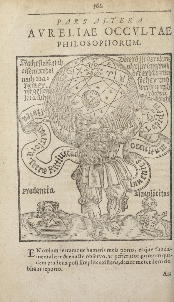 An illustration from Theatrum chemicum, præcipuos selectorum auctorum tractatus de chemiæ et lapidis philosophici antiquitate, veritate, jure, præstantia, & operationibus continens : in gratiam veræ chemiae, et medicinæ chemicæ studiosorum (ut qui uberrimam inde optimorum remediorum messem facere potuerunt) congestum, & in tres partes seu volumina digestum ; singulis voluminibus, suo auctorum et librorum catalogo primis pagellis : rerum verò & verborum indice postremis annexo. Volumen quartum, 1613, leaf 578