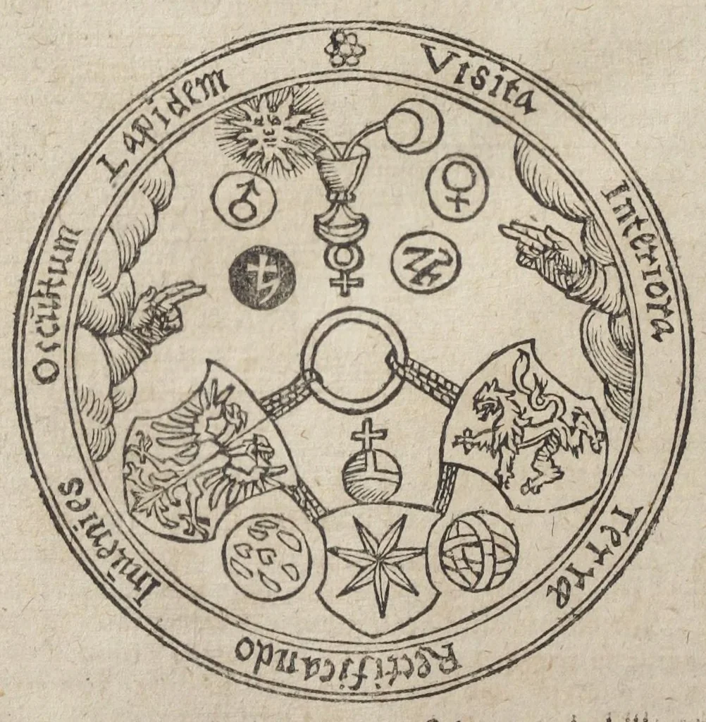 An illustration from Theatrum chemicum, præcipuos selectorum auctorum tractatus de chemiæ et lapidis philosophici antiquitate, veritate, jure, præstantia, & operationibus continens : in gratiam veræ chemiae, et medicinæ chemicæ studiosorum (ut qui uberrimam inde optimorum remediorum messem facere potuerunt) congestum, & in tres partes seu volumina digestum ; singulis voluminibus, suo auctorum et librorum catalogo primis pagellis : rerum verò & verborum indice postremis annexo. Volumen quartum, 1613, leaf 580