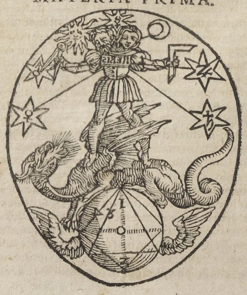 An illustration from Theatrum chemicum, præcipuos selectorum auctorum tractatus de chemiæ et lapidis philosophici antiquitate, veritate, jure, præstantia, & operationibus continens : in gratiam veræ chemiae, et medicinæ chemicæ studiosorum (ut qui uberrimam inde optimorum remediorum messem facere potuerunt) congestum, & in tres partes seu volumina digestum ; singulis voluminibus, suo auctorum et librorum catalogo primis pagellis : rerum verò & verborum indice postremis annexo. Volumen quartum, 1613, leaf 584