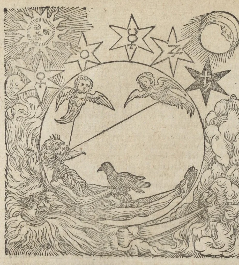 An illustration from Theatrum chemicum, præcipuos selectorum auctorum tractatus de chemiæ et lapidis philosophici antiquitate, veritate, jure, præstantia, & operationibus continens : in gratiam veræ chemiae, et medicinæ chemicæ studiosorum (ut qui uberrimam inde optimorum remediorum messem facere potuerunt) congestum, & in tres partes seu volumina digestum ; singulis voluminibus, suo auctorum et librorum catalogo primis pagellis : rerum verò & verborum indice postremis annexo. Volumen quartum, 1613, leaf 586