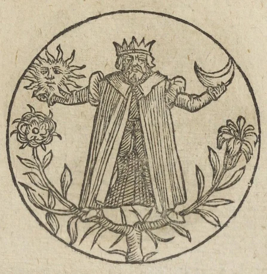 An illustration from Theatrum chemicum, præcipuos selectorum auctorum tractatus de chemiæ et lapidis philosophici antiquitate, veritate, jure, præstantia, & operationibus continens : in gratiam veræ chemiae, et medicinæ chemicæ studiosorum (ut qui uberrimam inde optimorum remediorum messem facere potuerunt) congestum, & in tres partes seu volumina digestum ; singulis voluminibus, suo auctorum et librorum catalogo primis pagellis : rerum verò & verborum indice postremis annexo. Volumen quartum, 1613, leaf 587