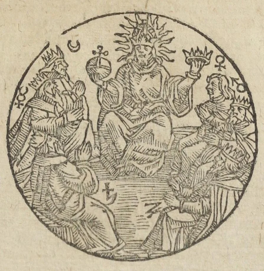 An illustration from Theatrum chemicum, præcipuos selectorum auctorum tractatus de chemiæ et lapidis philosophici antiquitate, veritate, jure, præstantia, & operationibus continens : in gratiam veræ chemiae, et medicinæ chemicæ studiosorum (ut qui uberrimam inde optimorum remediorum messem facere potuerunt) congestum, & in tres partes seu volumina digestum ; singulis voluminibus, suo auctorum et librorum catalogo primis pagellis : rerum verò & verborum indice postremis annexo. Volumen quartum, 1613, leaf 591
